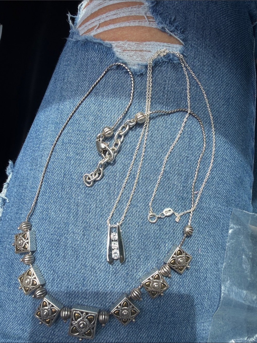 Sterling Silver Floral Tile Necklace and Crystal Pendant - Silver